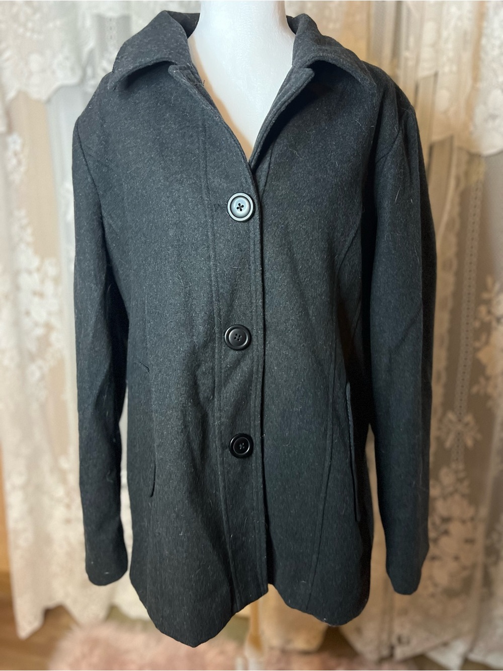 Wool Blend White Stag Charcoal Button-Front Pea Coat XL